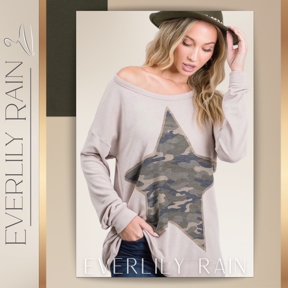 Everlily Rain Tops - Soft Camo Star Patch Sweatshirt